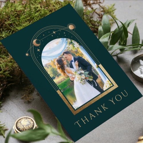 Mystical Green Gold Sun Moon Stars Photo Wedding Thank You Card