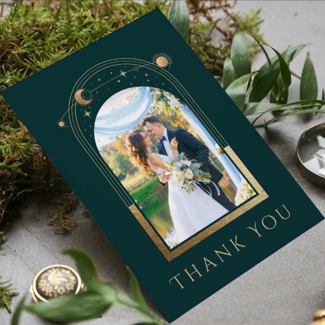 Mystical Green Gold Sun Moon Stars Photo Wedding Thank You Card (Creator Uploaded)