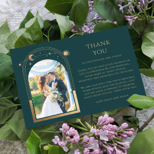 Mystical Green Gold Sun Moon Stars Photo Wedding Thank You Card
