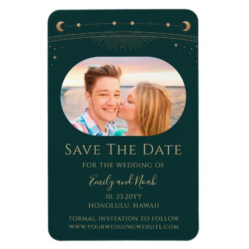 Mystical Green Gold Sun Moon Stars Save The Date Magnet