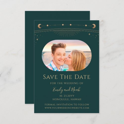 Mystical Green Gold Sun Moon Stars Space Save The Date