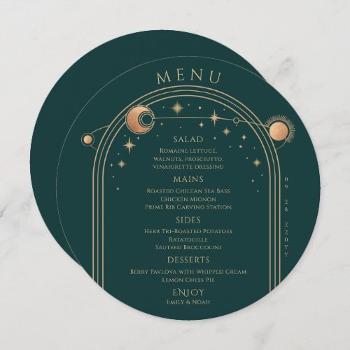 Mystical Green Gold Sun Moon Stars Space Wedding Menu