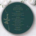 Mystical Green Gold Sun Moon Stars Space Wedding Menu<br><div class="desc">Mystical Green Gold Sun Moon Stars Space Wedding Menu Cards features simple gold stars on a green background with your menu details in the center in modern gold calligraphy script. Personalize by editing the text in the text boxes provided. Designed by Evco Studio www.zazzle.com/store/evcostudio</div>
