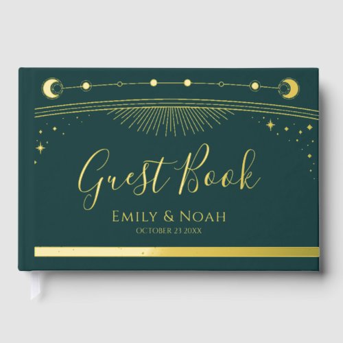 Mystical Green Gold Sun Moon Stars Wedding Foil Guest Book