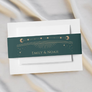 Mystical Green Gold Sun Moon Stars Wedding Invitation Belly Band