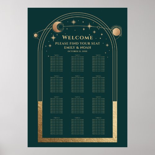 Mystical Green Gold Sun Moon Stars Wedding Poster