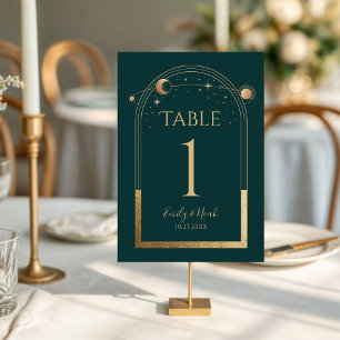 Mystical Green Gold Sun Moon Stars Wedding Table Number