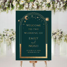Mystical Green Gold Sun Moon Stars Welcome Sign