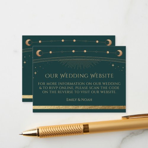 Mystical Green Gold Wedding Website RSVP QR Code Enclosure Card