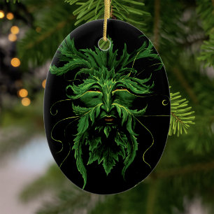 Mystical Greenman Forest Spirit Leaf Face Fantasy Ceramic Ornament