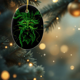 Mystical Greenman Forest Spirit Leaf Face Fantasy Ceramic Ornament