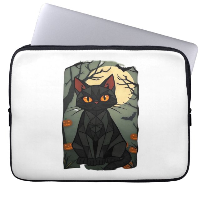 Mystical Halloween Black Cat Art - Spooky Feline w Laptop Sleeve (Front)