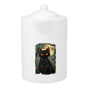 Mystical Halloween Black Cat Art - Spooky Feline w Teapot