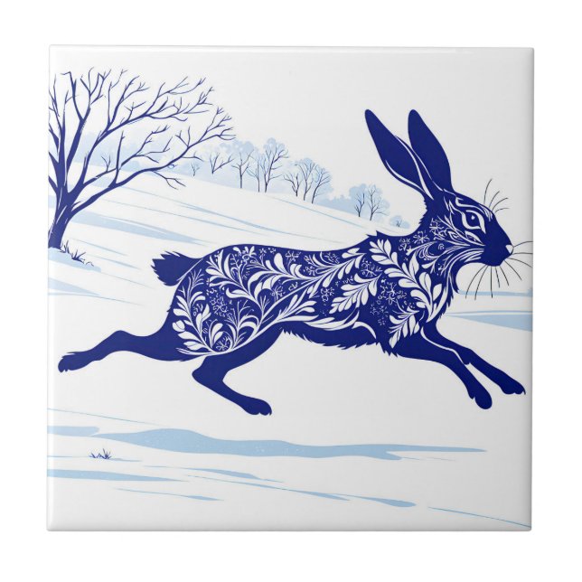 Mystical Hare : Whimsical Hare In The Snow Ceramic Tile (Front)