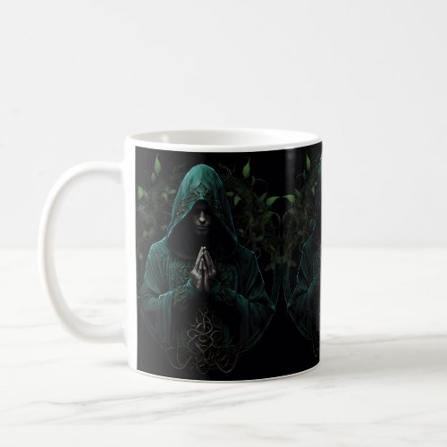Mystical Hooded Figure in Green Praying  Coffee Mug