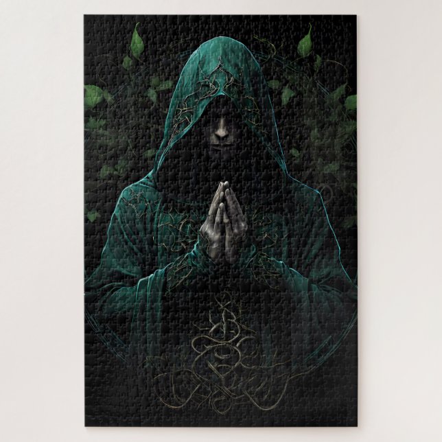 Mystical Hooded Figure in Green Praying Jigsaw Puzzle (Vertical)