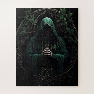 Mystical Hooded Figure in Green Praying Jigsaw Puzzle