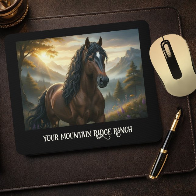 Mystical Horse Custom Name Mountain Ranch  Mouse Pad (Equestrian mouse pad featuring a unique painting of a horse in a mountain landscape at sunset)