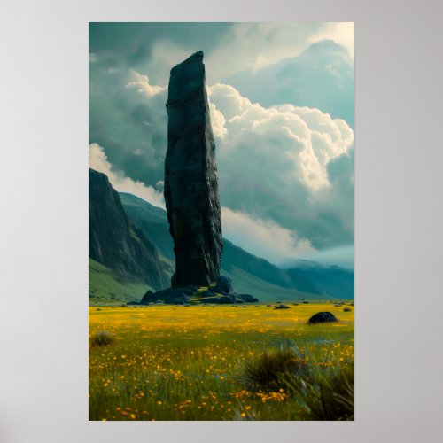 Mystical Huge Rock in Meadow Poster