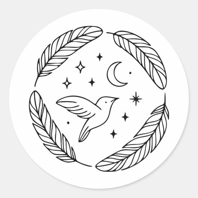 Mystical Hummingbird Line Art in Celestial Circle Classic Round Sticker (Front)