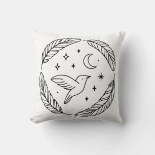 Mystical Hummingbird Line Art in Celestial Circle Throw Pillow