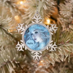 Mystical Ice Queen - Fantasy Winter Goddess Art Snowflake Pewter Christmas Ornament