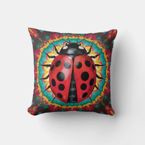 Mystical Ladybug Mandala Throw Pillow