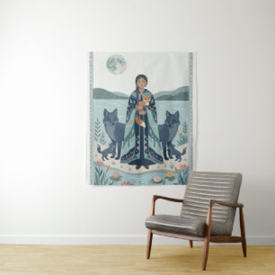 Mystical Lake Guardian Art Print - Folk Art Woman Tapestry