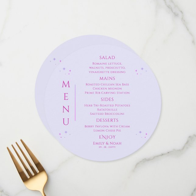 Mystical Lavender Pink Sun Moon Space Wedding Menu (Front/Back In Situ)