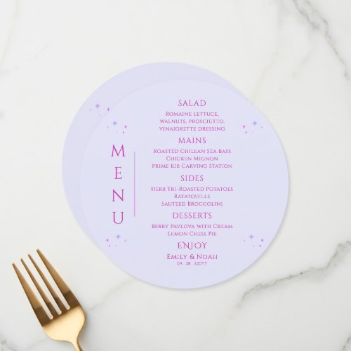 Mystical Lavender Pink Sun Moon Space Wedding Menu