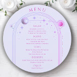 Mystical Lavender Pink Sun Moon Space Wedding Menu<br><div class="desc">Mystical Lavender Pink Sun Moon Stars Space Wedding Menu Cards features a pink and purple sun, moon and stars frame on a pastel lavender background with your menu details in the center in modern pink calligraphy script. Personalize by editing the text in the text boxes provided. Designed by Evco Studio...</div>
