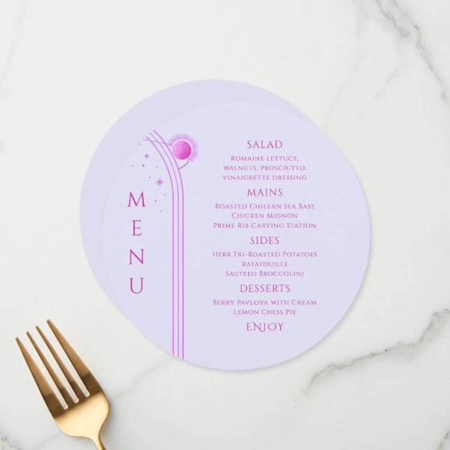 Mystical Lavender Pink Sun Moon Space Wedding Menu (Front/Back In Situ)