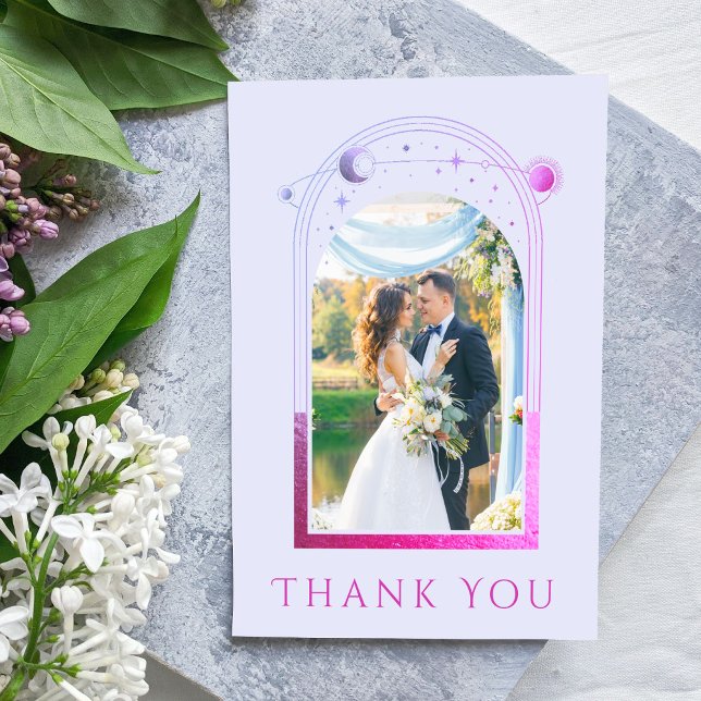 Mystical Lavender Pink Sun Moon Star Photo Wedding Thank You Card (Creator Uploaded)