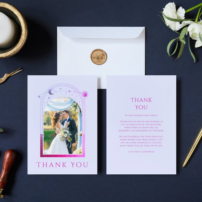 Mystical Lavender Pink Sun Moon Star Photo Wedding Thank You Card (Creator Uploaded)