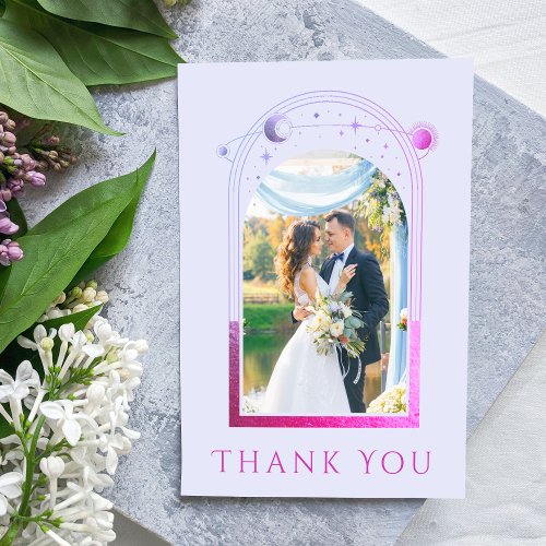 Mystical Lavender Pink Sun Moon Star Photo Wedding Thank You Card