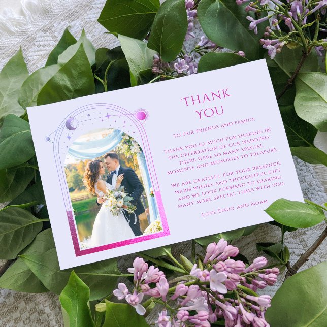 Mystical Lavender Pink Sun Moon Star Photo Wedding Thank You Card (Creator Uploaded)