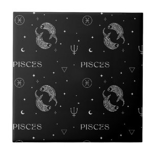 Mystical Libra Zodiac Pattern in Black and White Ceramic Tile
