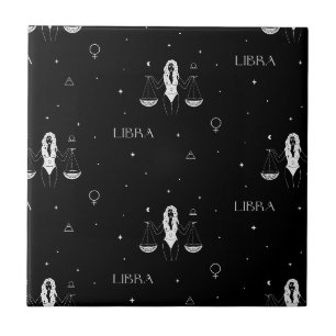 Mystical Libra Zodiac Pattern in Black and White Ceramic Tile