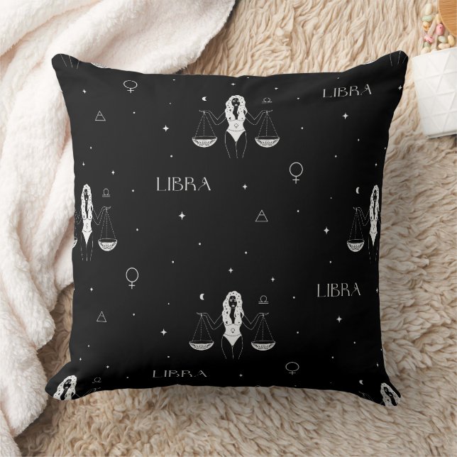 Mystical Libra Zodiac Pattern in Black and White Throw Pillow (Blanket)