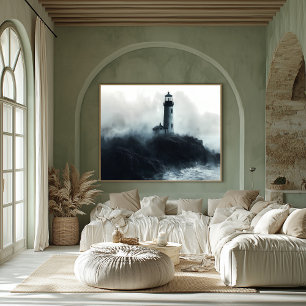 Mystical Lighthouse Amidst Ocean Waves – Charcoal Poster