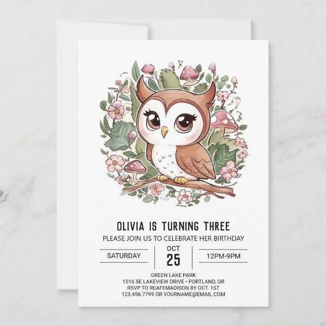 Mystical Lovely Digital Owl Birthday Invitation (Front)