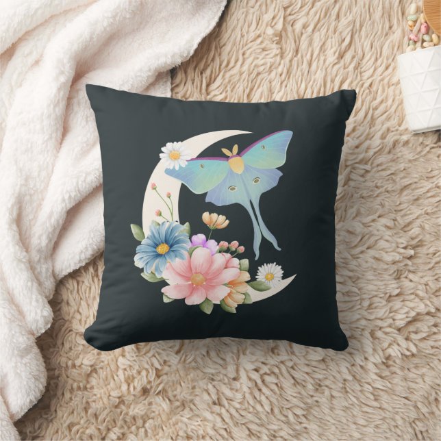 Mystical Luna Moth Floral Moon Dark Witchy Gothic Throw Pillow (Blanket)