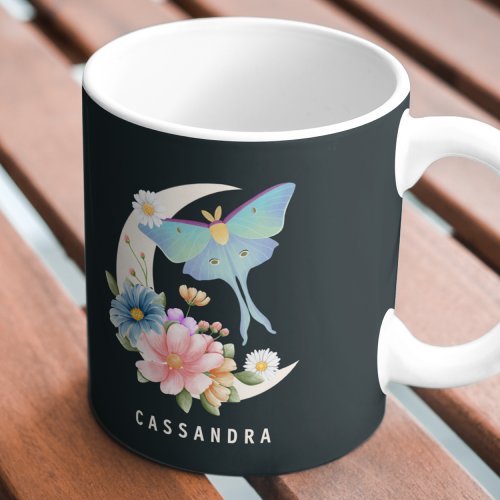 Mystical Luna Moth Floral Moon Personalized Name  Coffee Mug