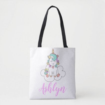 Mystical Magical Happy Unicorn on a Cloud Name Tote Bag