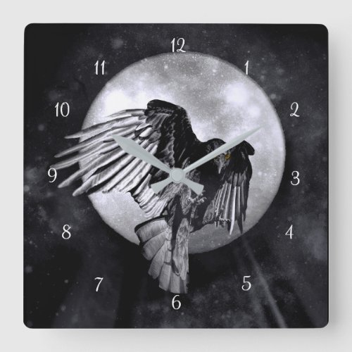 Mystical Magical Raven or Crow and Moon Square Wall Clock