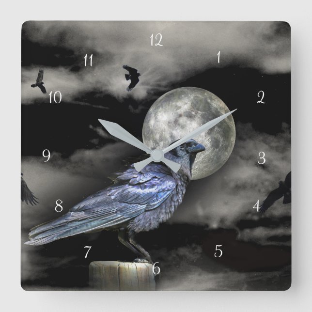 Mystical Magical Raven or Crows and Moon Square Wall Clock (Front)