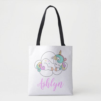 Mystical Magical Unicorn on a Cloud Name Tote Bag