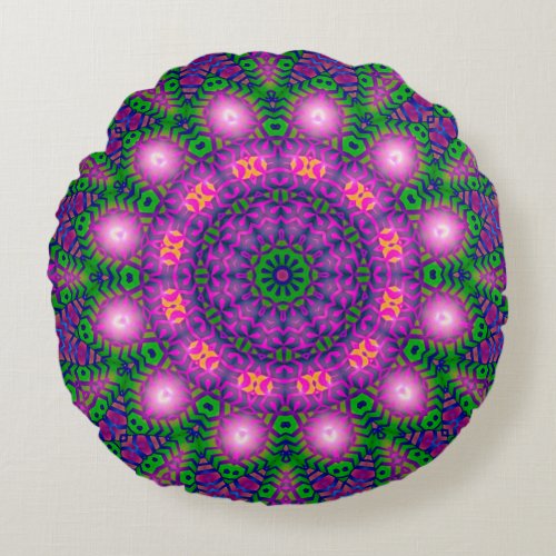 Mystical Mandala Green Purple Round Pillow