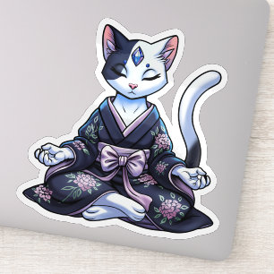 Mystical Meditating Cat in Floral Kimono Sticker