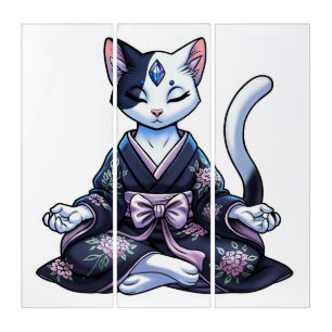 Mystical Meditating Cat in Floral Kimono Triptych